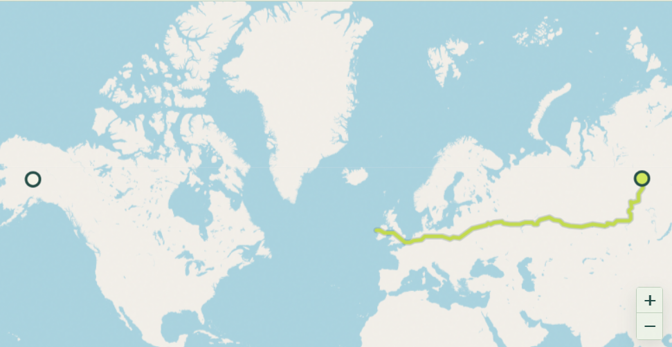 Map showing the distance from Alaska to Russia
