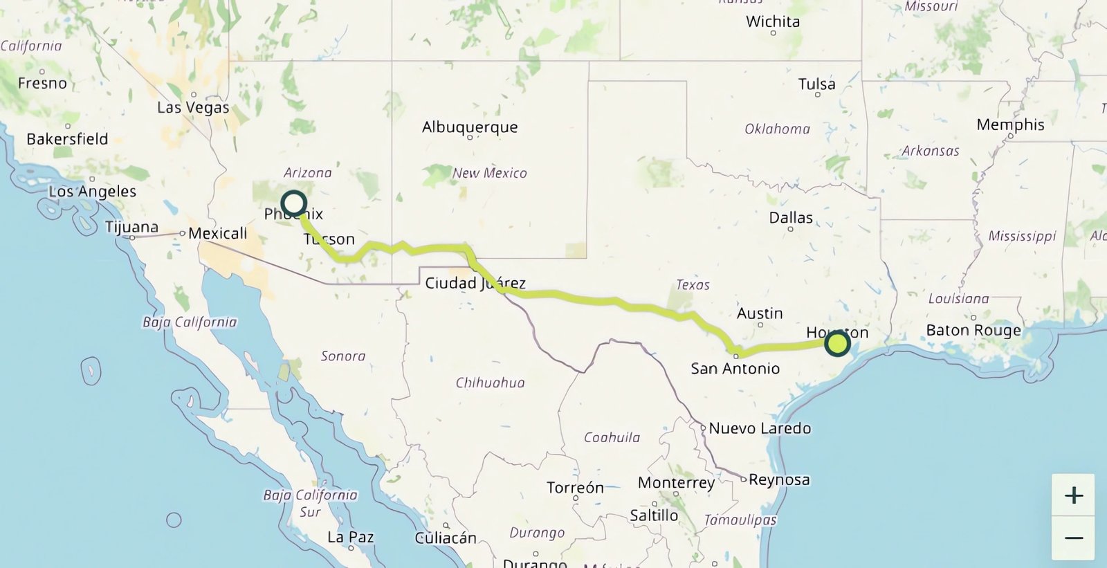 Map showing the driving route and distance from Arizona to Houston