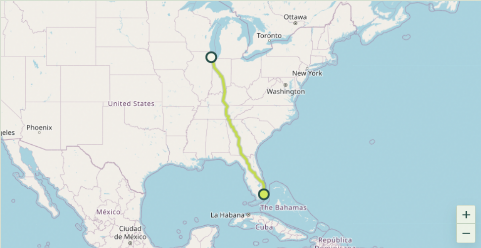 Map showing the driving route and distance from Chicago to Miami