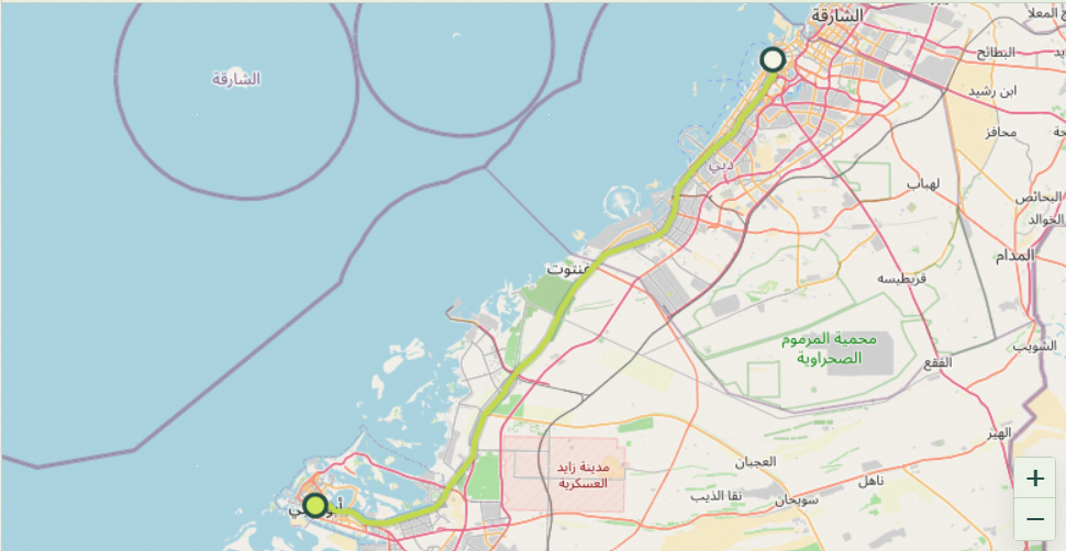 Map showing the driving route and distance from Dubai to Abu Dhabi