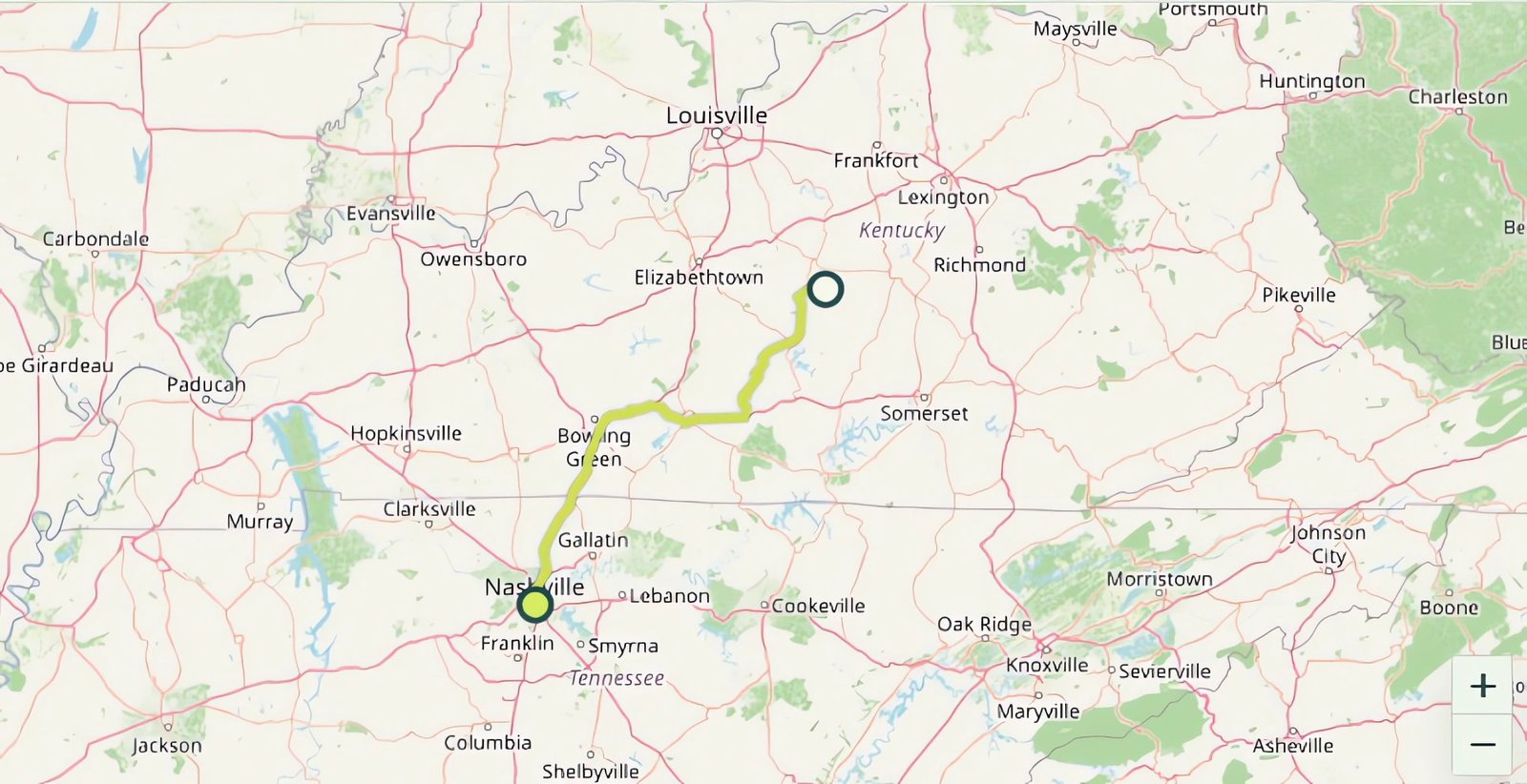 Map showing the driving route and distance from Kentucky to Nashville