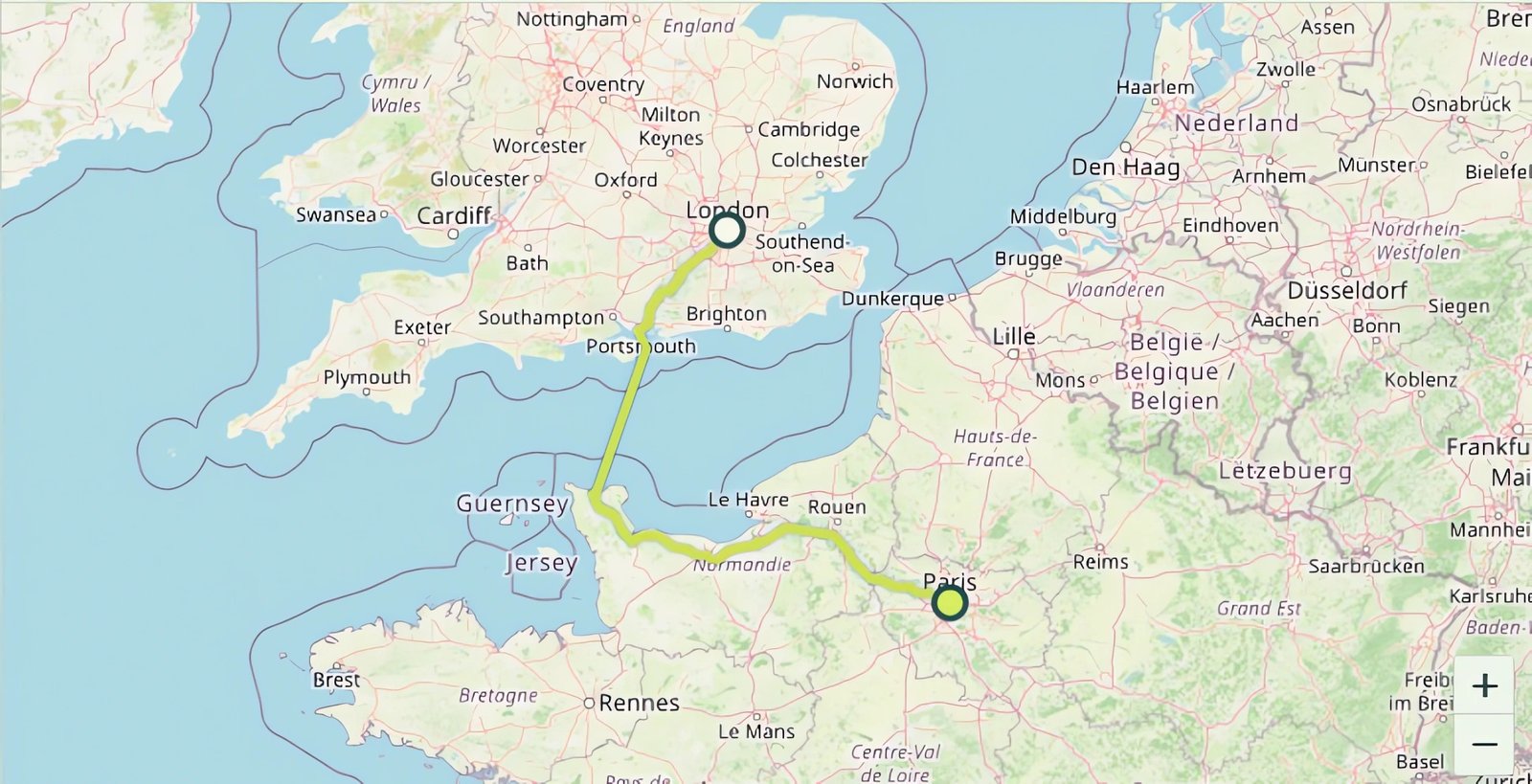 Map showing the driving route and distance from London to Paris