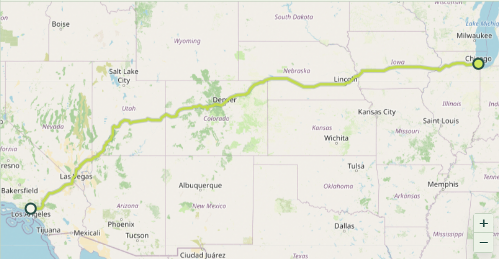 Map showing the driving route and distance from Los Angeles to Chicago