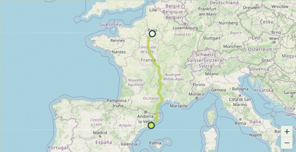 Map showing the driving route and distance from Paris to Barcelona