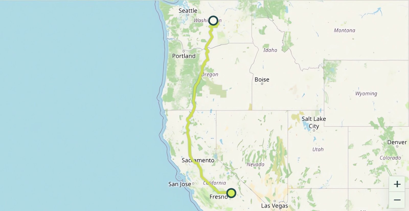 Map showing the driving route and distance from Washington to California